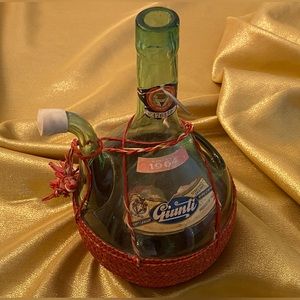 Vintage 1964 Guinti Italian Wine Green Glass Decanter with Red Wicker Basket